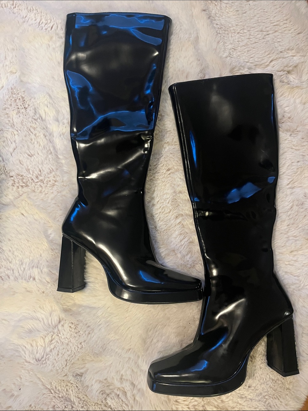 Billini Lorelai Tall Boots Black Semi Patent Square Toe Block Heel Size 7 NIB